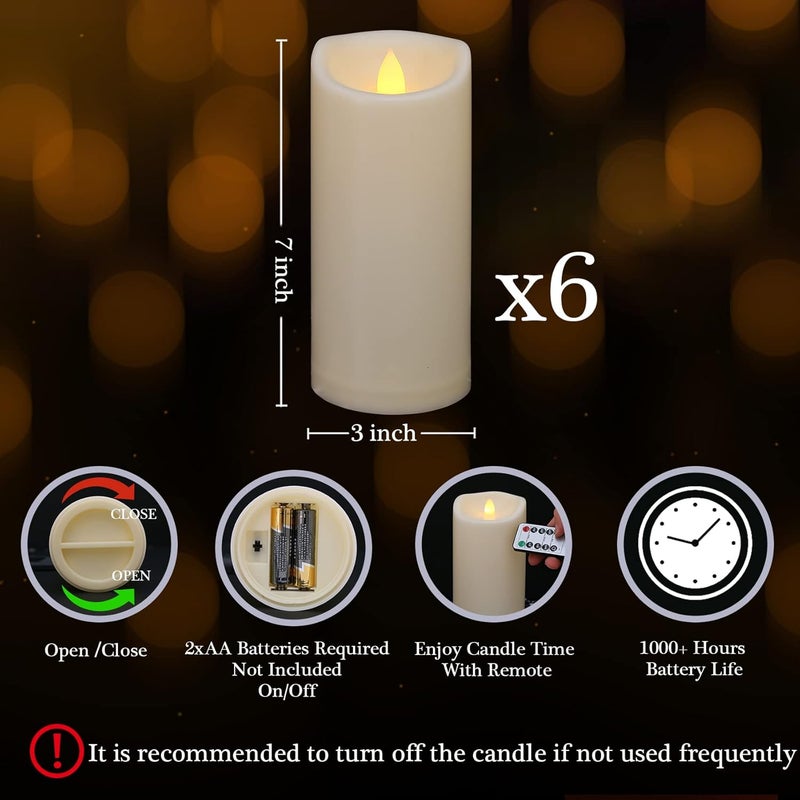 7LinRay Store 6 Pack 3"x7" Outdoor Waterproof Flameless Candles with Remote and Timer, Battery Operated Flickering LED Pillar Candles for Wedding Halloween Lantern Decoration, Ivory Plastic - Image 2
